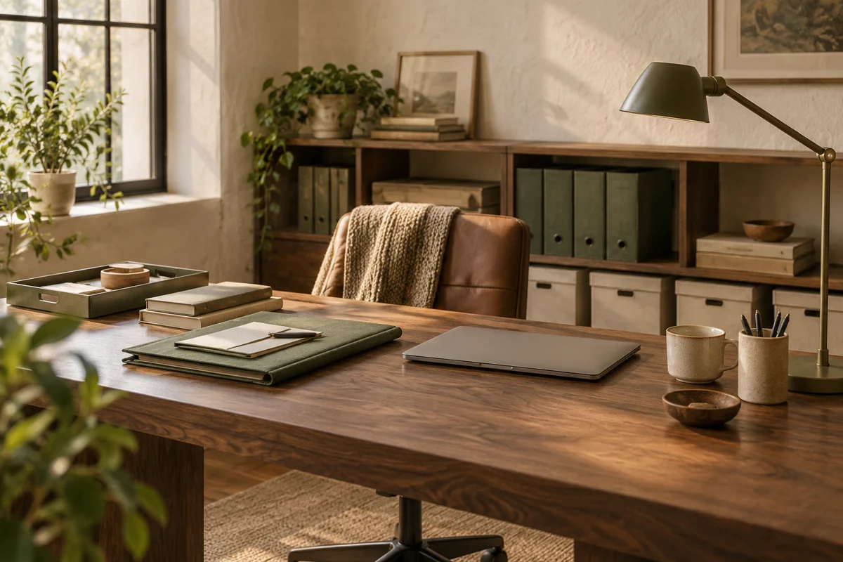An organised desk with folders, archive boxes and warm wood surfaces