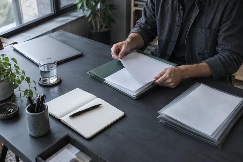 An owner organising records at a desk
